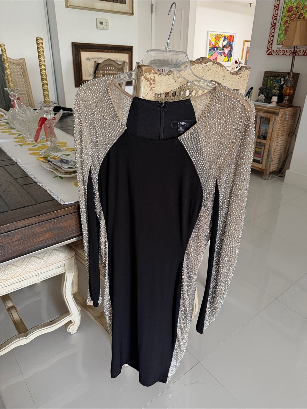 Aqua Black Dress with Silver Crystal-Embellished Long Sleeves